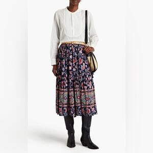 NWT BA&SH Bohemian Niels Gathered Paisley-Print Crepe Blue Midi Skirt Size L